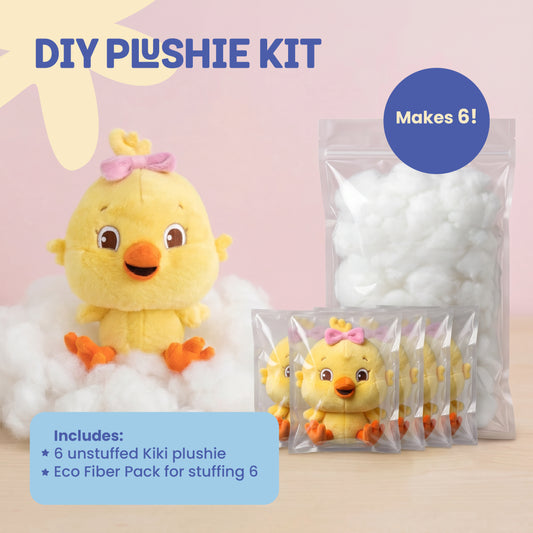 Kiki DIY Plushie Kit with six unstuffed Kiki plushies and six Eco Fiber Filling Packs