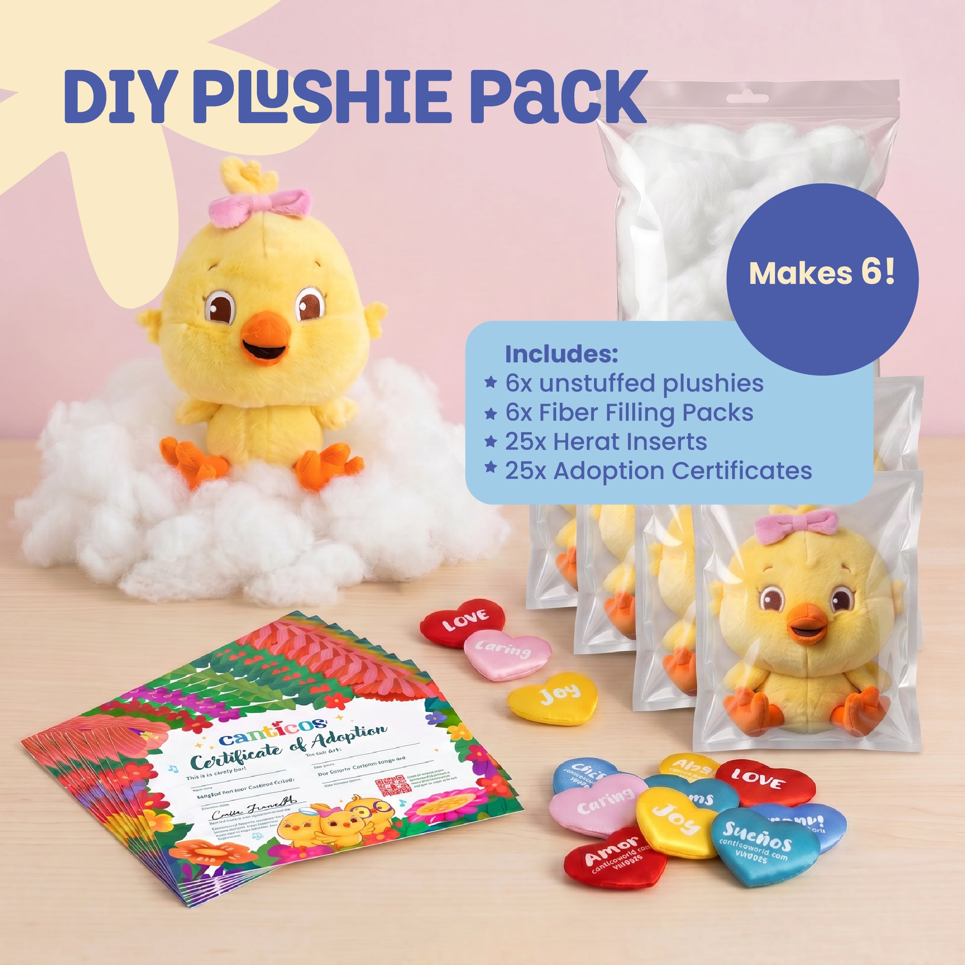 Kiki Complete DIY Plushie Kit with six unstuffed plushies, fiber filling packs, heart inserts, and adoption certificates