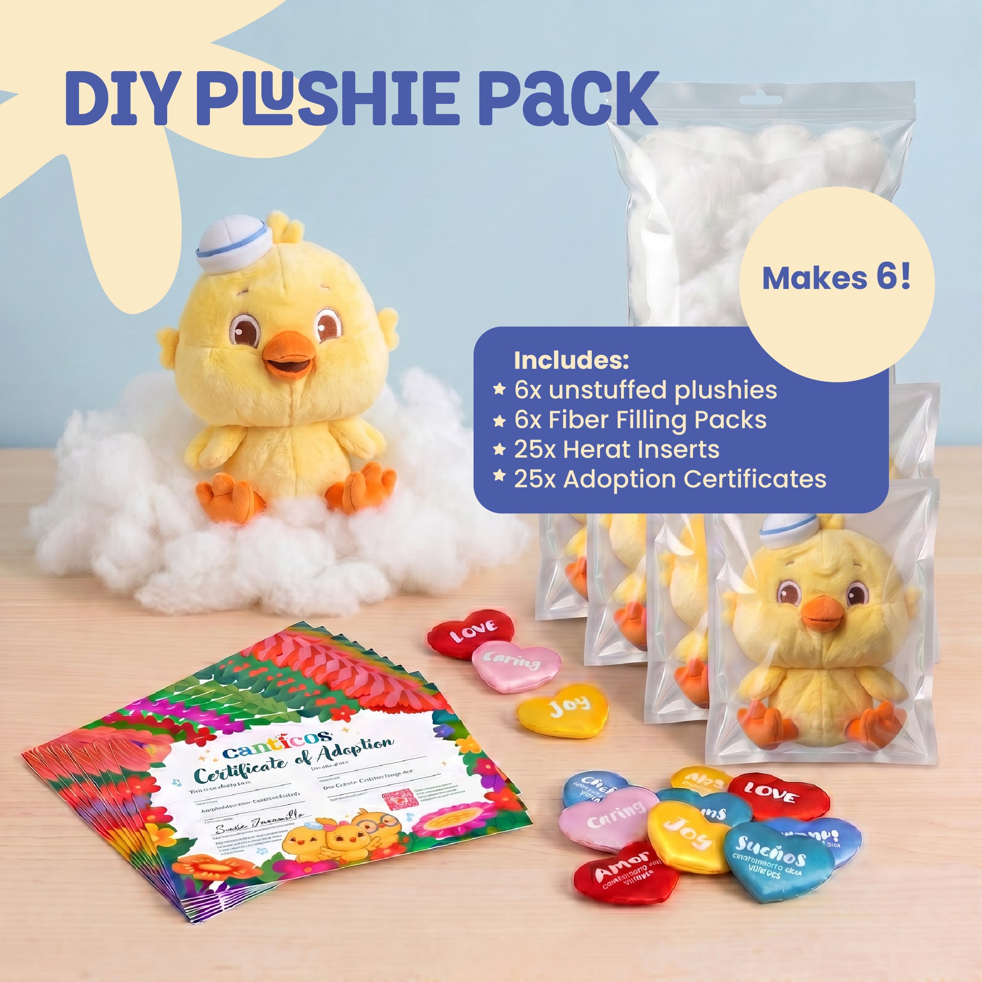 Ricky Complete DIY Plushie Kit with six unstuffed plushies, fiber filling packs, heart inserts, and adoption certificates